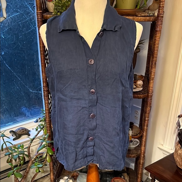 Flax Tops - Flax by Jeanne Englehart Womens Small Linen Sleeveless Button Down Blouse Blue